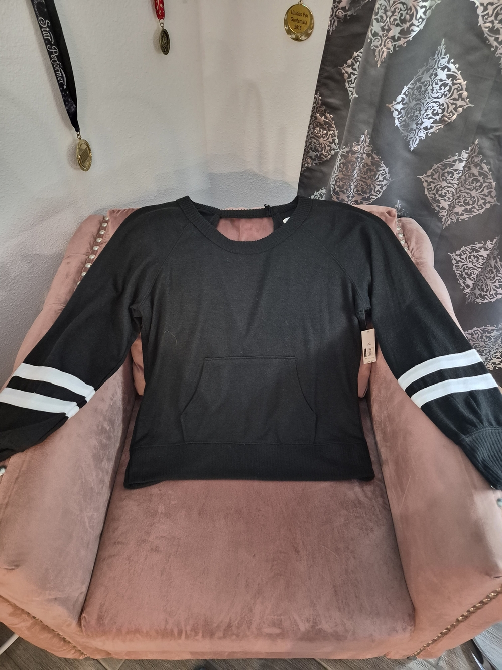 New Balance Black Women's Pullover Sweatshirt with White Sleeve Stripes